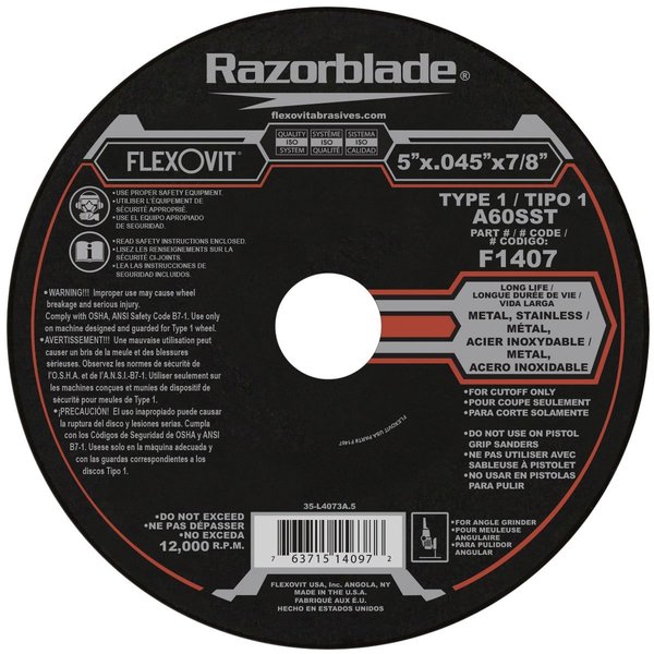 Flexovit Razorblade Razorblade Long Life Cut-Off Wheel, 5 in Dia x 0.045 in THK, 7/8 in Center Hole, 60 Grit,  F1407